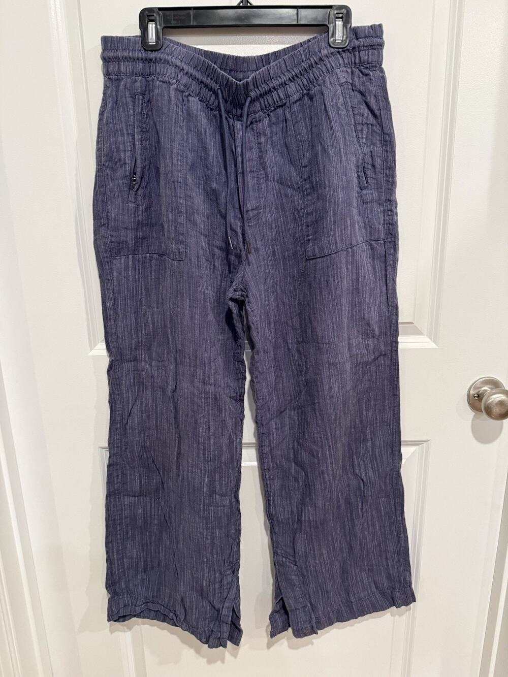 Athleta Linen Pants Sz Large Navy Wide Leg Drawstring Zip Pocket Coastal